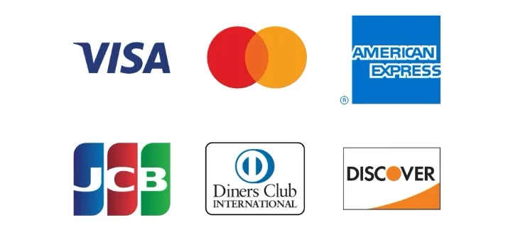 VISA、MASTER CARD、AMERICAN EXPRESS、JCB、Diners Club、DISCOVER